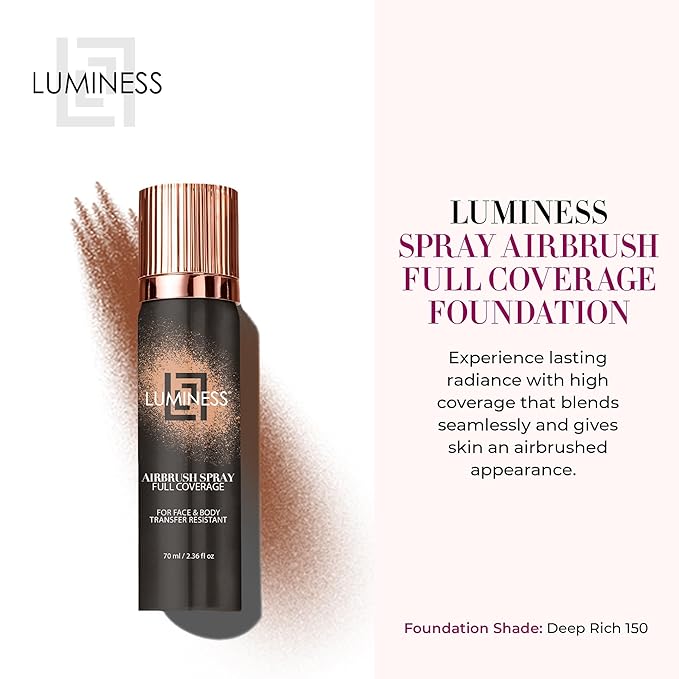LUMINESS Spray Airbrush Foundation Makeup, Deep Rich Shade 150 - Lightweight, Full Coverage Foundation for Face, Neck, & Body - Concealer for Seamless Blending, Natural-Looking Finish, 2.36 fl oz-VivaGrace Women
