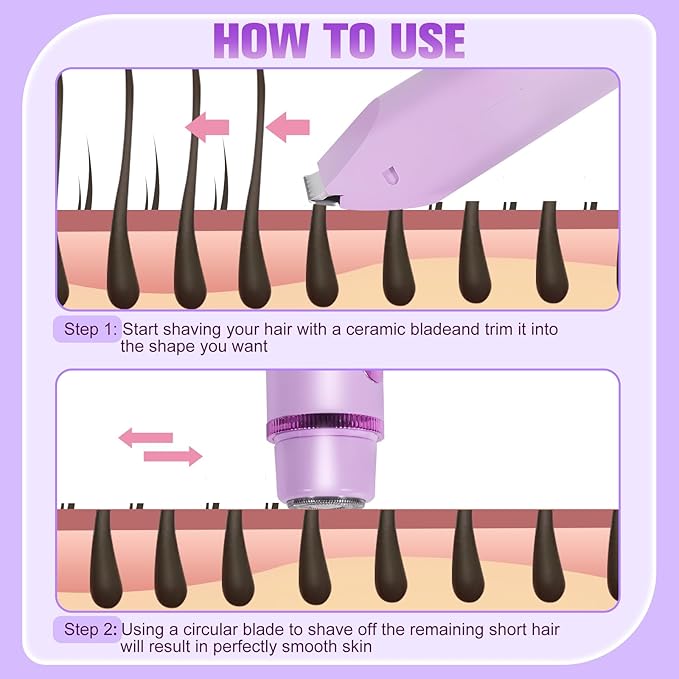 Bikini Trimmer for Women Electric Razors for Women Women's Electric Razor 2 in 1 Shaver Pubic Hair Trimmer Ipx7 Waterproof Wet Dry Use Bikini Shaver for Ladies Pubic, Legs, Face, Underarms (Purple)-VivaGrace Women