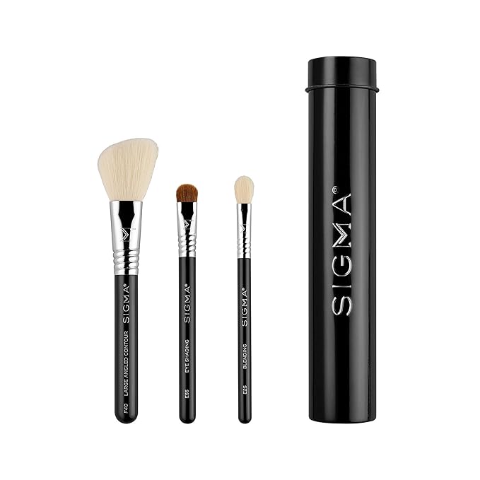 Sigma Beauty Travel Essential Trio - Makeup Brush Set for Foundation Powder Eyeshadow - 3 Tool Brushes with Brush Tin Holder - Skin Safe, Vegan Makeup Brushes for Travel - Black-VivaGrace Women