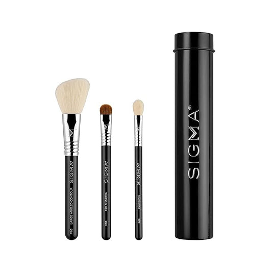 Sigma Beauty Travel Essential Trio - Makeup Brush Set for Foundation Powder Eyeshadow - 3 Tool Brushes with Brush Tin Holder - Skin Safe, Vegan Makeup Brushes for Travel - Black-VivaGrace Women