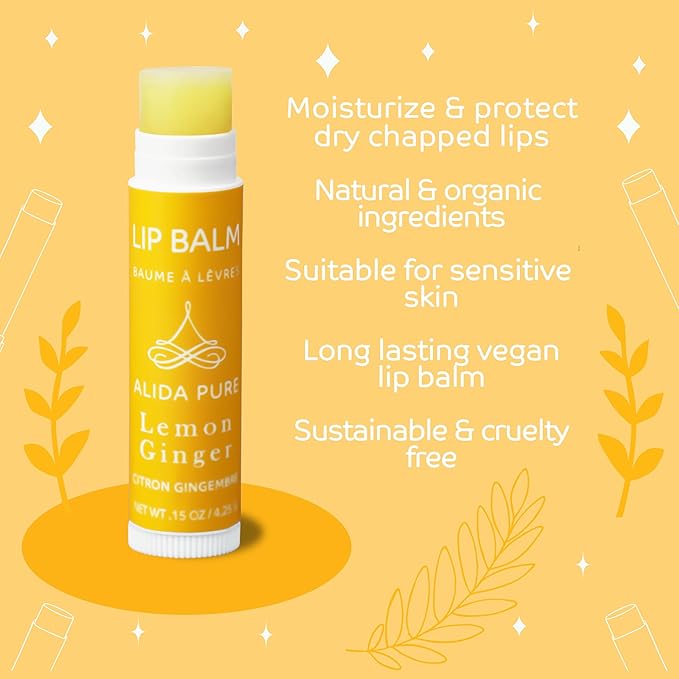 Lemon Ginger Lip Balm Collection, Vegan Lip Balm Set, Bees Wax Free, with Avocado Oil, Organic Jojoba Oil, Vitamin E, Natural Moisturizer For Dry, Cracked, or Chapped Lips, 3 Tube Set-VivaGrace Women