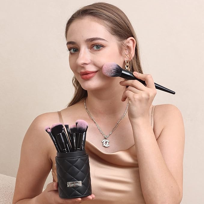Bueart Design 18Pcs Pro Deluxe Fuchsia Pink Black Makeup Brushes set with Travel Make up Brush Holder case Foundation concealer contour Blush eyeshadow face make up brush set-VivaGrace Women