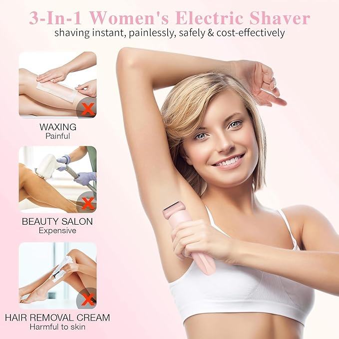 Livora Electric Shaver for Women,2 in 1 Wet & Dry Painless Hair Removal with 2 Removable Heads,Rechargeable Cordless Womens Razor for Bikini,Legs,Arms,Underarm Area,IPX7 Waterproof(Pink)-VivaGrace Women