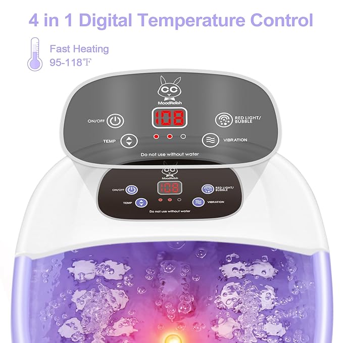 Foot Spa Bath Massager with Heat Bubbles and Vibration Massage and Jets, 16 OZ Calming Lavender Foot Soak Epsom Salt, MoodRelish Foot Soaker With Red Light, 22 Massage Rollers, Adjustable Temp -Purple-VivaGrace Women