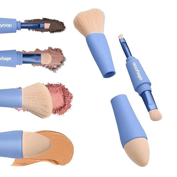 Alleyoop Multi-Tasker 4-in-1 Travel Makeup Brush Set – Compact Makeup Brushes with Blending Sponge, Eyeshadow, Eyebrow & Liner, Blush & Bronzer Brush – Mini Makeup Tools Kit for Women, Vegan-VivaGrace Women