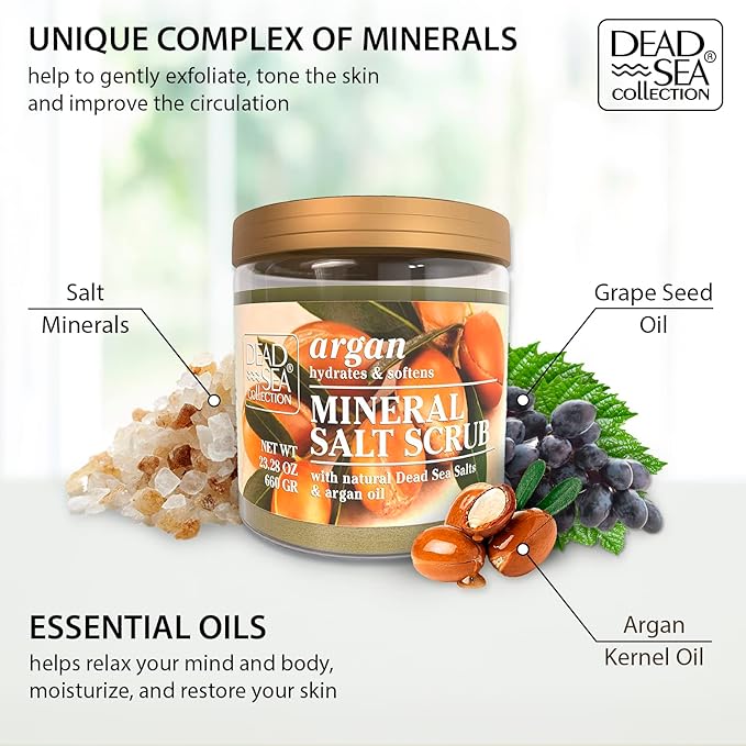 Dead Sea Collection Argan Salt Scrub – Exfoliating Body Scrub for Women – Moisturizing and Nourishing Skin – with Pure Oils and Dead Sea Minerals (23.28 Oz)-VivaGrace Women