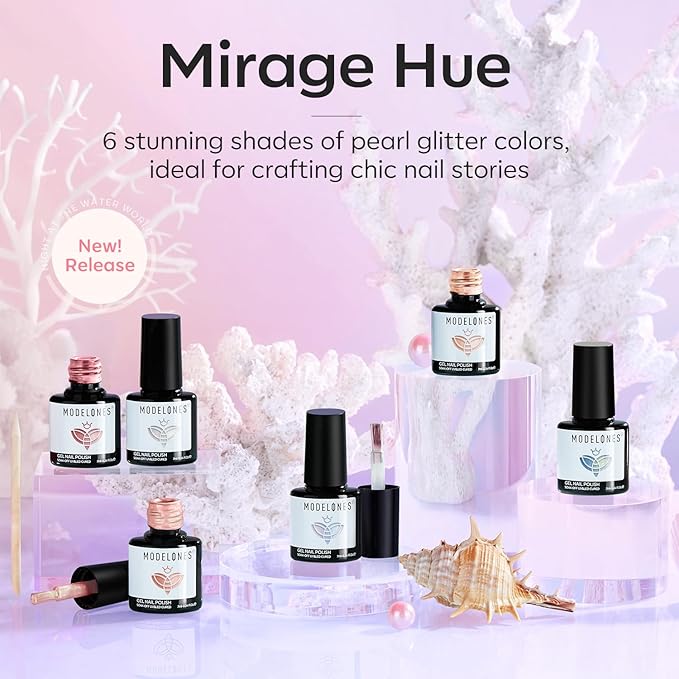 modelones Pearl Gel Nail Polish, 6 Colors Shimmer Glitter Iridescent White Nude Blue Pink Mermaid Nail Drawing Soak Off Gel Polish Swirl Shell Thread Effect Gift DIY at Home with Dotting Pen-VivaGrace Women