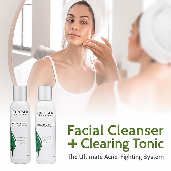 Exposed Skin Care Basic Acne Treatment Kit - Includes Salicylic Acid Face Wash, Clearing Tonic, Treatment Serum with Benzoyl Peroxide, Clear Pore Serum - Natural Acne Solution for All Skin Types-VivaGrace Women