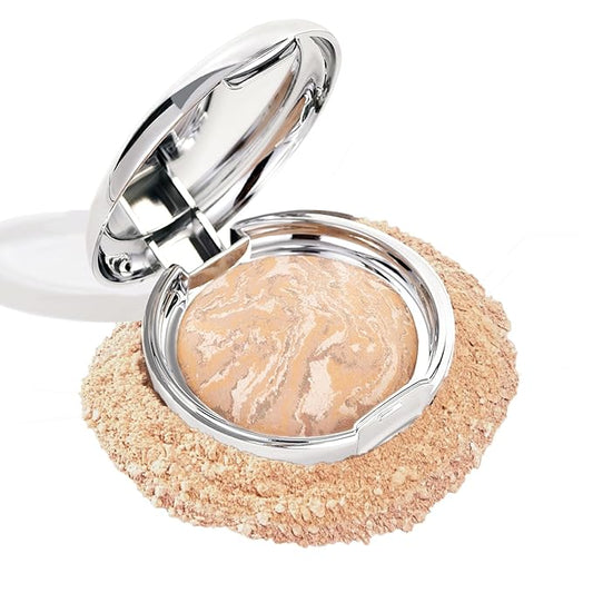 Marbleized Baked Foundation Makeup, Balance and Brighten Color Correcting Powder Foundation - Buildable Light to Medium Coverage - Demi-Matte Natural Finish (#002 LIGHT, 0.32 Oz)-VivaGrace Women
