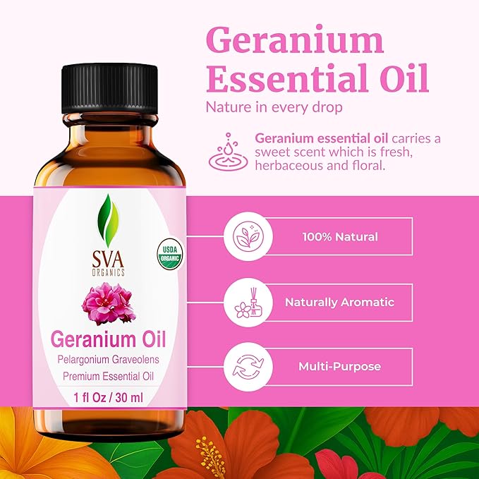 SVA Geranium Essential Oil Organic – 1 Fl Oz – 100% Natural Organic Geranium Oil - for Diffuser, Hair Care, Face, Skin Care, Aromatherapy, Scalp and Body Massage, Soap and Candle making – with Dropper-VivaGrace Women