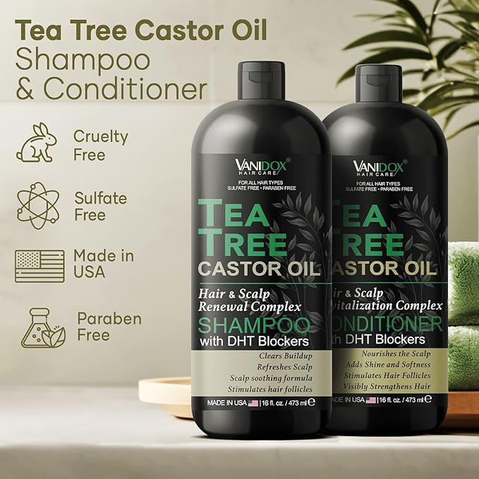 Tea Tree Oil Shampoo and Conditioner Set with Castor Oil, DHT Blockers, Itchy Scalp Relief, Supports Fuller Hair, Cleanses Dandruff & Buildup, For Men & Women, Made in USA, 16 fl oz Each-VivaGrace Women