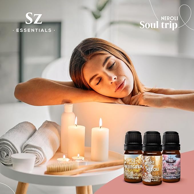 Neroli Soul Trip Essential Oils Collection- Neroli + Petitgrain Sur Fleurs + Dai Dai Blossom -Set of 3 Bottles (0.17 Fl Oz- 5ml each)- 100% Pure & Undiluted - Therapeutic Grade & Vegan-VivaGrace Women