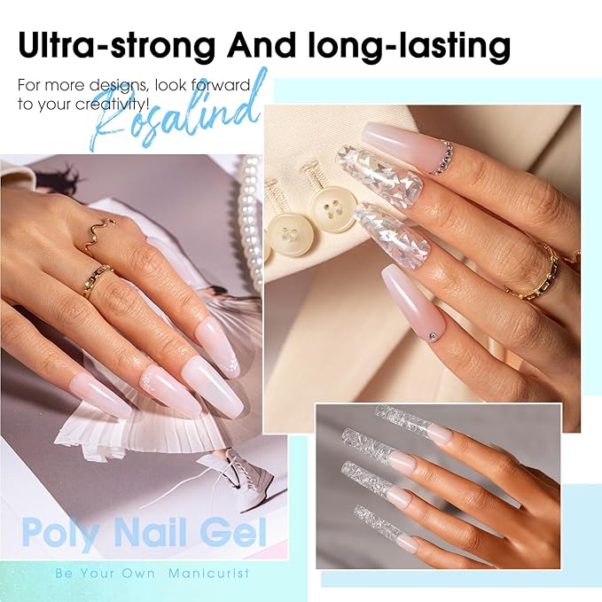 ROSALIND Poly Nail Gel Kit -12 Colors + Nail Art Accessories Kit Summer Neon Poly Nails Gel Kit Starter Kit With Slip Solution Pro Bright Colors Nail Extensions Gel Set with Mini UV Lamp-VivaGrace Women