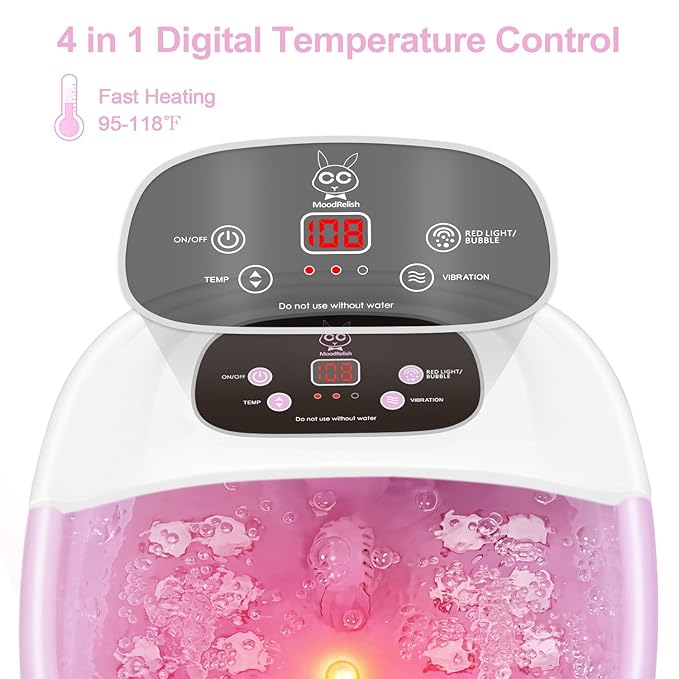 Foot Spa Bath Massager with Heat Bubbles and Vibration Massage and Jets, 16 OZ Calming Lavender Foot Soak Epsom Salt, Foot Soaker with Red Light, 22 Massage Rollers, Adjustable Temp - Pink-VivaGrace Women