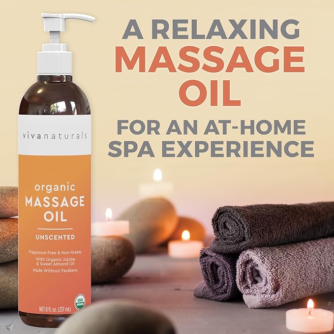 Viva Naturals Organic Massage Oil Unscented (8 fl. oz.) - Non-Greasy Body Oil with Mess-Free Pump, Moisturizing Massage Oils for Massage Therapy, Non-GMO and Certified Organic, 237 mL-VivaGrace Women