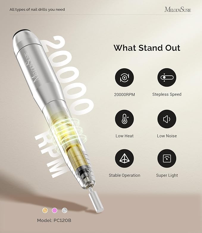 MelodySusie Portable Electric Nail Drill,PC120B Compact Efile Electrical Professional Nail File Kit for Acrylic, Gel Nails, Manicure Pedicure Polishing Shape Tools Design for Home Salon Use, Silver-VivaGrace Women