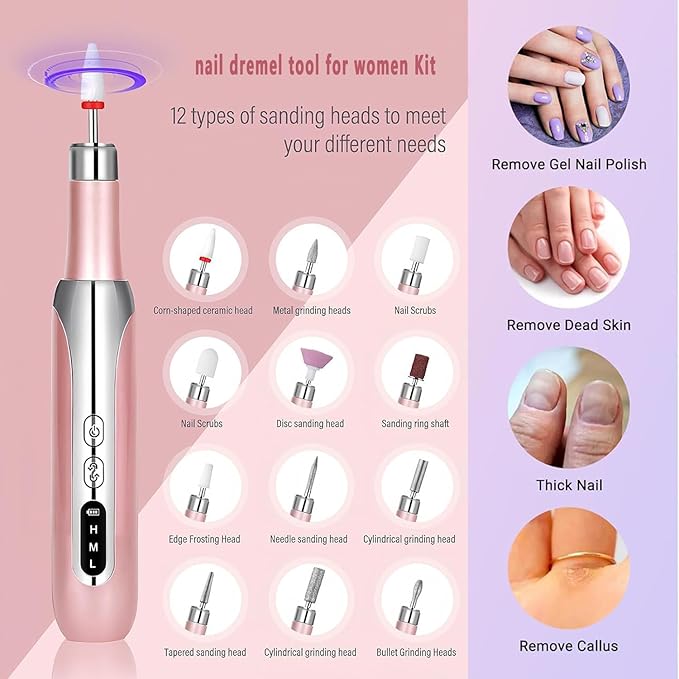 Electric Nail Drill File Cordless,Portable Rechargeable Nail File Kit for Acrylic & Gel Nails,Professional Efile for Manicure Pedicure Polishing,with 12 Nail Drill Bits 31 Sanding Bands,Rose Gold-VivaGrace Women