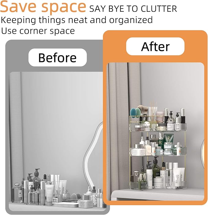 Makeup Organizer Countertop 3 Tier, Corner Bathroom Countertop Organizer with Toothbrush and Makeup Brush Holder, Corner Vanity Tray for Skincare Organization-VivaGrace Women