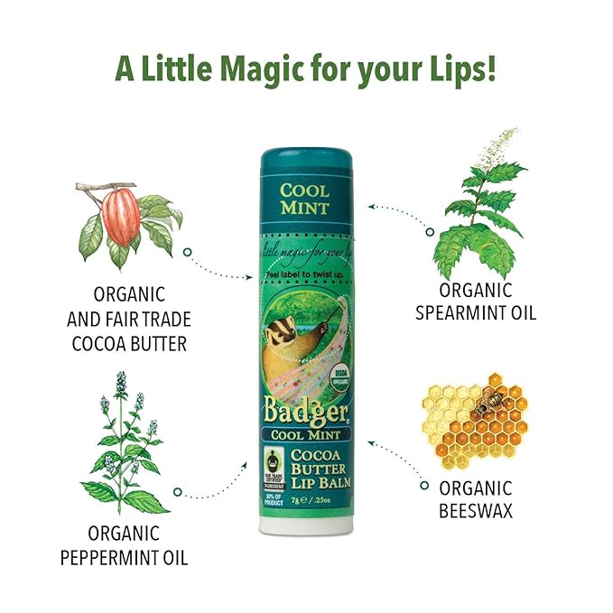 Badger - Cocoa Butter Lip Balm, Cool Mint, Certified Organic Lip Balm, Fair Trade, Natural Lip Balm, Lip Butter, Lip Balm Cocoa Butter, Cocoa Care Lip Balm, 0.25 oz-VivaGrace Women