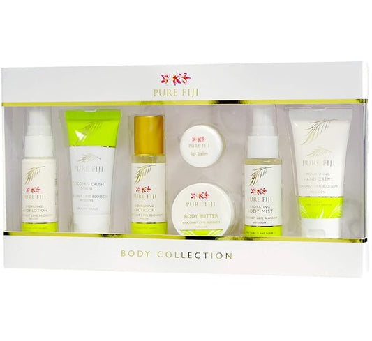 Pure Fiji Body Collection 7pacs- Bath and Body Gift Set Include - Body Mist,Coconut Crush, Body Oil, Body Butter, Soap, Body Lotion, Hand Creme - Travel Size, Scent Coconut Lime Blossom-VivaGrace Women