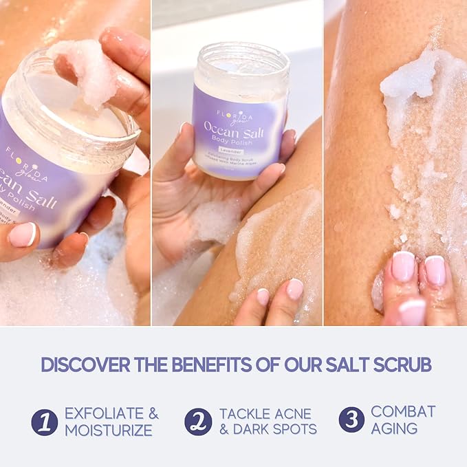 Sea Salt Body Scrub by Florida Glow - Ocean Salt Body Polish Infused with Marine Algae - Exfoliating Face and Body Scrub - to Tackle Acne and Scars for Smooth Soft Skin (Lavender, 12.1 oz)-VivaGrace Women