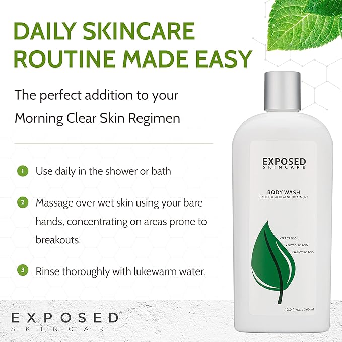 Exposed Skin Care Body Wash - Back and Body Acne Wash with Salicylic Acid and Tea Tree Oil – Exfoliating Bacne Treatment for Clearer, Healthier Skin – Body Cleanser for All Skin Types (12 fl oz)-VivaGrace Women