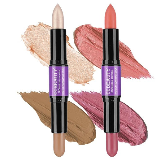 CCbeauty 2pcs 2-IN-1 Shimmer Contour Highlighter Stick with Blush,Cream Dual-End Highlight Bronzer Concealer & Blusher for Cheeks & Lip, Long Lasting Contouring for Face Shaping Makeup, Light-Medium-VivaGrace Women