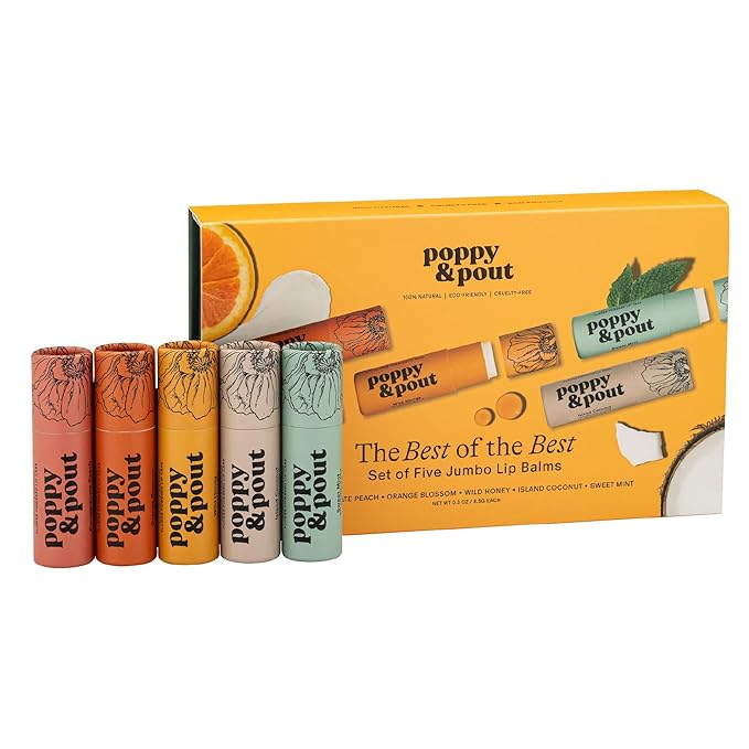 Jumbo Lip Balm Gift Set (5-Pack) | Poppy & Pout All Natural Lip Balms & Moisturizers | Hydrates with Beeswax, Vitamin E, Organic Coconut Oil | Cruelty-Free | Lip Balm in Recyclable Cardboard Tube-VivaGrace Women