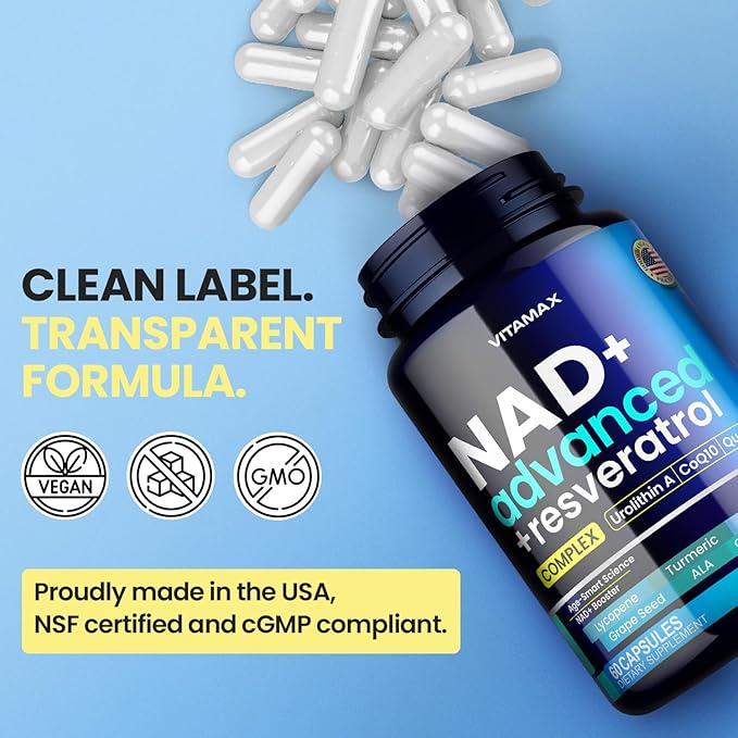 NAD Supplement Extra Strength - Liposomal + Resveratrol for Women & Men, CoQ10, Alpha Lipoic Acid, Green Tea, Quercetin, Urolithin A, Lycopene – High Purity Anti-Aging, Energy & Regeneration – 60ct-VivaGrace Women