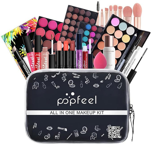 Professional All in One Makeup Kits for Women, Cosmetic Essential Starter Bundle, Eye Shadow, Blush, Liquid Lipgloss, Foundation Brush, Makeup Set with Makeup Bag, Christmas Valentines Gift Box-VivaGrace Women