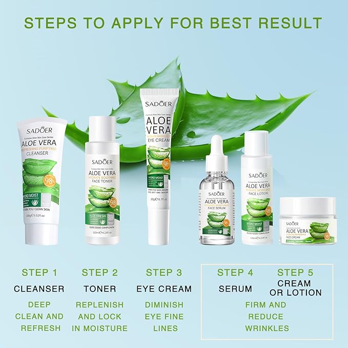 Aloe Vera Daily Skin Care Set Daily Moisturizing & Nourishing Fresh Aloe Essence Skin Care Set Vitamin Essence Six-piece Set For Valentine's Day And Festival Day-VivaGrace Women
