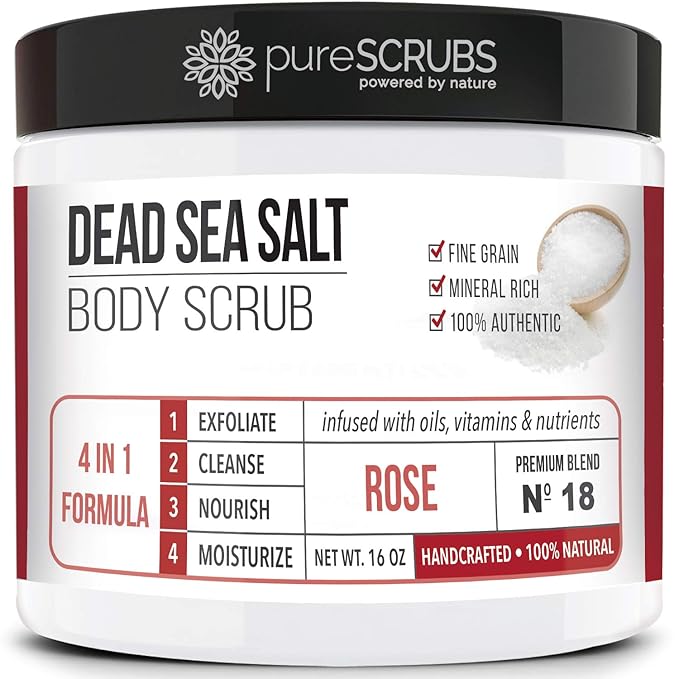 pureSCRUBS Premium Rose Body Scrub Set - Large 16oz Dead Sea Salt Body Scrub With Infused Essential Oils & Nutrients, Includes Wooden Spoon, Loofah & Oatmeal Exfoliating Bar Soap-VivaGrace Women