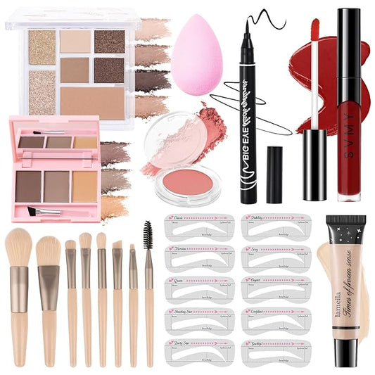Makeup Kit for Teens Girls, Makeup Present Set for Women, Makeup Full Kit for Beginners, Mini Makeup Bundle Include 7 Latte colors Matte & Shimmer Pigmented Eyeshadow Palette, Eyebrow Powder-VivaGrace Women
