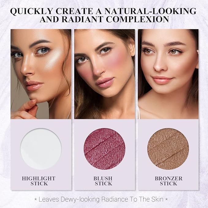 4Pcs Cream Blush Contour Highlighter Bronzer Moisturizer Stick Makeup Set #T Blush Glow3-VivaGrace Women
