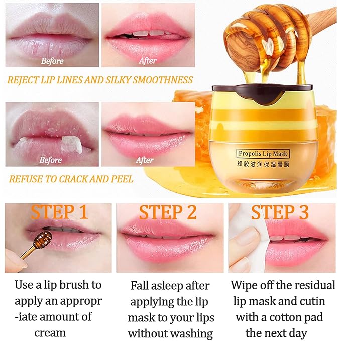 Honey Lip Balm Pot, Honey Lip Mask Propolis Lip Mask Balm Moisturizing Hydrating Prevention Dry and Cracked Lip Scrubs Exfoliator (1 Pack Honey)-VivaGrace Women