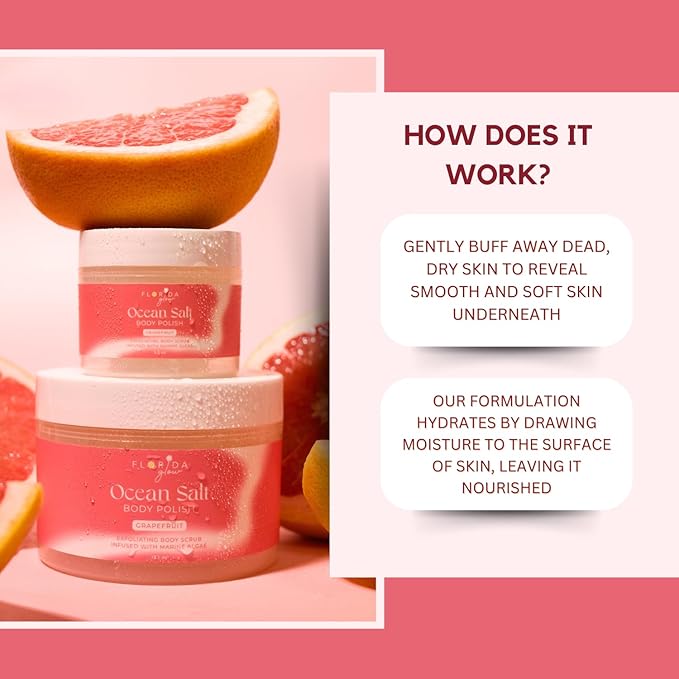 Sea Salt Body Scrub by Florida Suncare - Ocean Salt Body Polish Infused with Marine Algae - Exfoliating Face and Body Scrub - Facial Scrub Exfoliator to Tackle Acne (Grapefruit, 3.3 oz)-VivaGrace Women