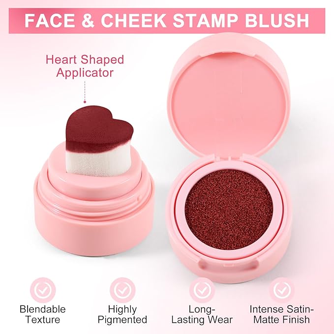 Boobeen Liquid Blush for Cheeks, Buildable & Blendable Face Blusher, Cheek Stamp Blush with Heart-shaped Applicator, Lightweight Air Cushion Blush for Velvet Matte Finish-VivaGrace Women