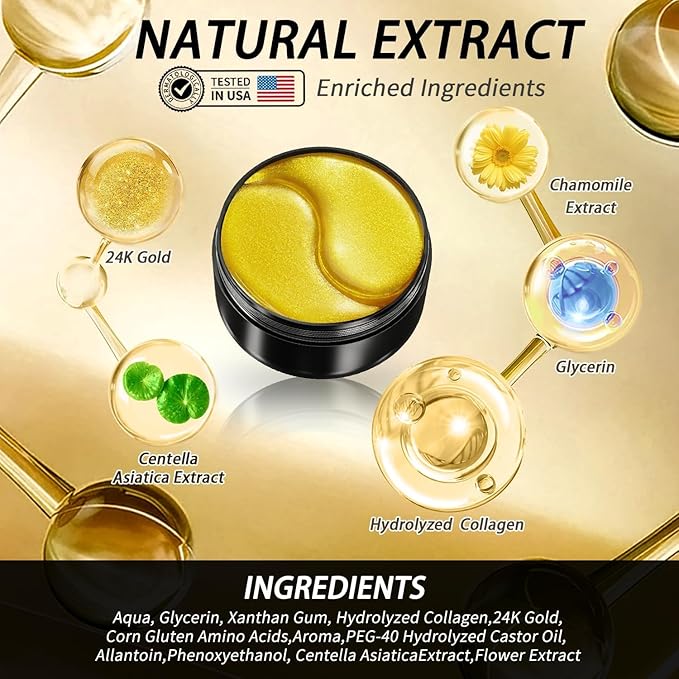 24k Gold Under Eye Patches - 60 Pcs Eye Mask Pure Gold Anti-Aging Collagen Hyaluronic Acid Under Eye Mask for Dark Circles, Puffiness & Wrinkles Refresh Your Skin-VivaGrace Women