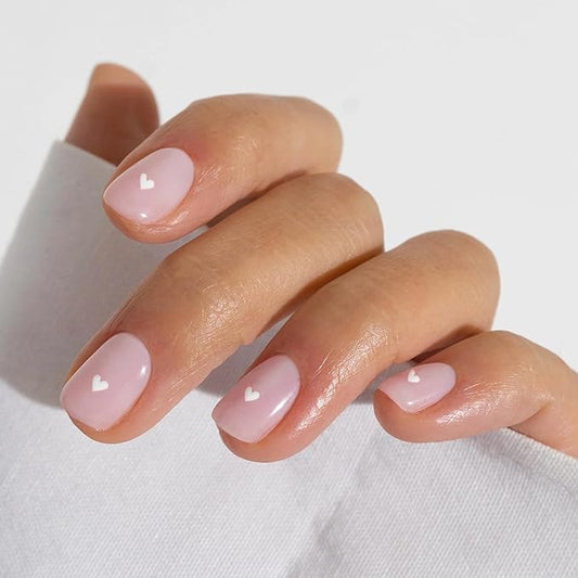 Press On Nails Squoval - Pink & White Heart Fake Nails Short Full Cover Acrylic Glue on Nails in 12 Sizes - 24 Piece Nail Kit，Natural Fit for Women & Girls Daily Wear