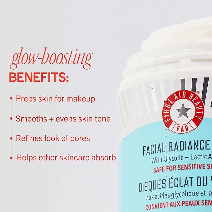 First Aid Beauty – Facial Radiance Pads with Glycolic & Lactic Acids, Daily Exfoliating with AHA that Helps Tone & Brighten Skin, Makeup Prep Pads, Compostable for Daily Use, 60 Count, 2ct
