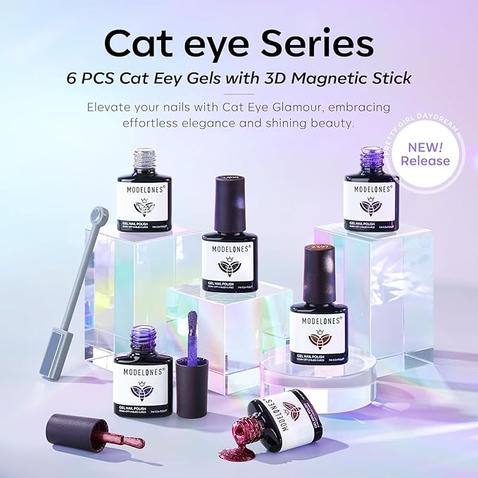modelones Cat Eye Gel Nail Polish Set, 6 Colors 9D Glassy Cat Eye Glitter Gel Polish Black Red Purple Blue Silver Brown Nail Polish All Seasons with Magnet Soak Off Led DIY Salon Gift-VivaGrace Women