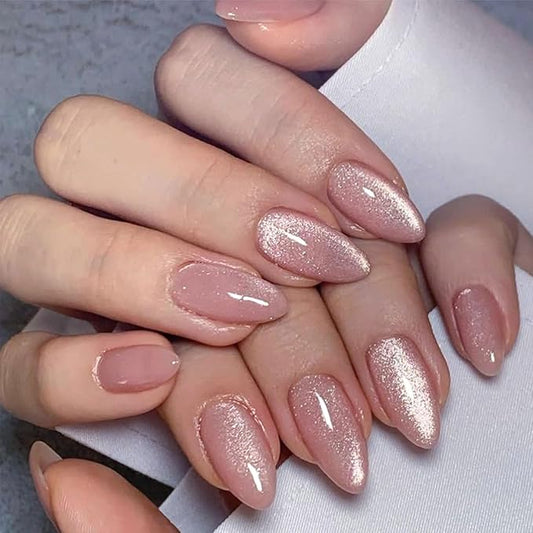 Nude Pink Press on Nails Medium Almond Fake Nails with Cat Eye Designs Glossy Stick on False Nails Acrylic Glitter Glue on Nails for Women