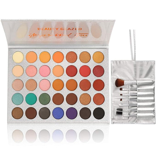35 Colors Eyeshadow Palette with 7Pcs Makeup Brushes Set, All in One Makeup Kit Matte Shimmer Pigmented Eye Shadow Pallete Waterproof Powder Natural Nude Naked Smokey-VivaGrace Women