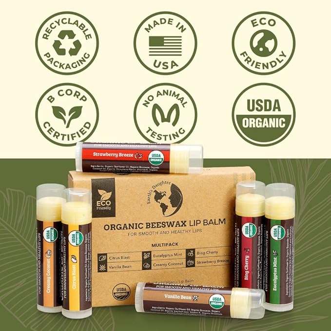 USDA Organic Lip Balm 6-Pack by Earth's Daughter - Fruit Flavors, Beeswax, Coconut Oil, Vitamin E - Best Lip Repair Chapstick for Dry Cracked Lips - Moisturizing Lip Care-VivaGrace Women