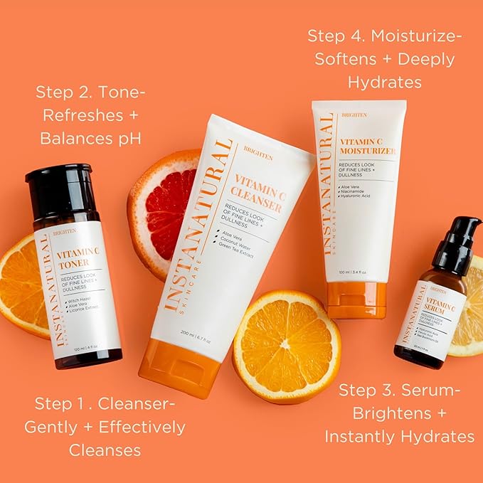 InstaNatural Skin Care Set, Vitamin C Face Wash, Toner, Serum and Moisturizer , Hydrating, Anti Aging and Brightening-VivaGrace Women
