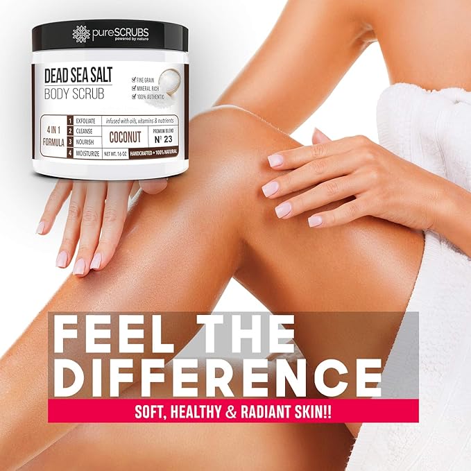 pureSCRUBS Premium Coconut Body Scrub Set - Large 16oz Dead Sea Salt Body Scrub With Infused Essential Oils & Nutrients, Includes Wooden Spoon, Loofah & Oatmeal Exfoliating Bar Soap-VivaGrace Women