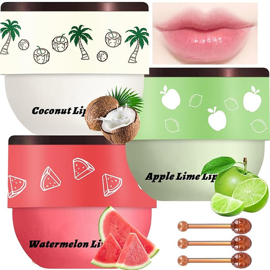 3 Pcs Bee Lip Balm Honey Pot, Coconut Watermelon Apple Lime Lip Mask Overnight, Moisturizing Lip Sleeping Mask, Hydrate Repair Prevent Dry Cracked Lip Exfoliator (Coconut +Watermelon+Apple Lime)-VivaGrace Women