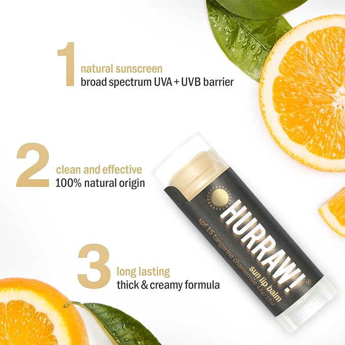 Hurraw! Sun Lip Balm (Zinc Oxide Protection, Broad Spectrum SPF 15, Tangerine, Chamomile): Organic, Certified Vegan, Gluten Free. Non-GMO, 100% Natural. Bee, Shea, Soy and Palm Free. Made in USA-VivaGrace Women