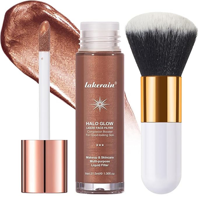 Natural Glow Liquid Filter Makeup, Longwear Face Luminizer, Complexion Booster For Any Part of the Body, Liquid Highlighter with Brush Kit, Infused Hyaluronic Acid, 1.06 fl oz (#07 DEEP/RICH)-VivaGrace Women