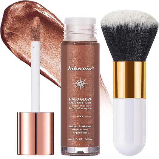 Natural Glow Liquid Filter Makeup, Longwear Face Luminizer, Complexion Booster For Any Part of the Body, Liquid Highlighter with Brush Kit, Infused Hyaluronic Acid, 1.06 fl oz (#07 DEEP/RICH)-VivaGrace Women